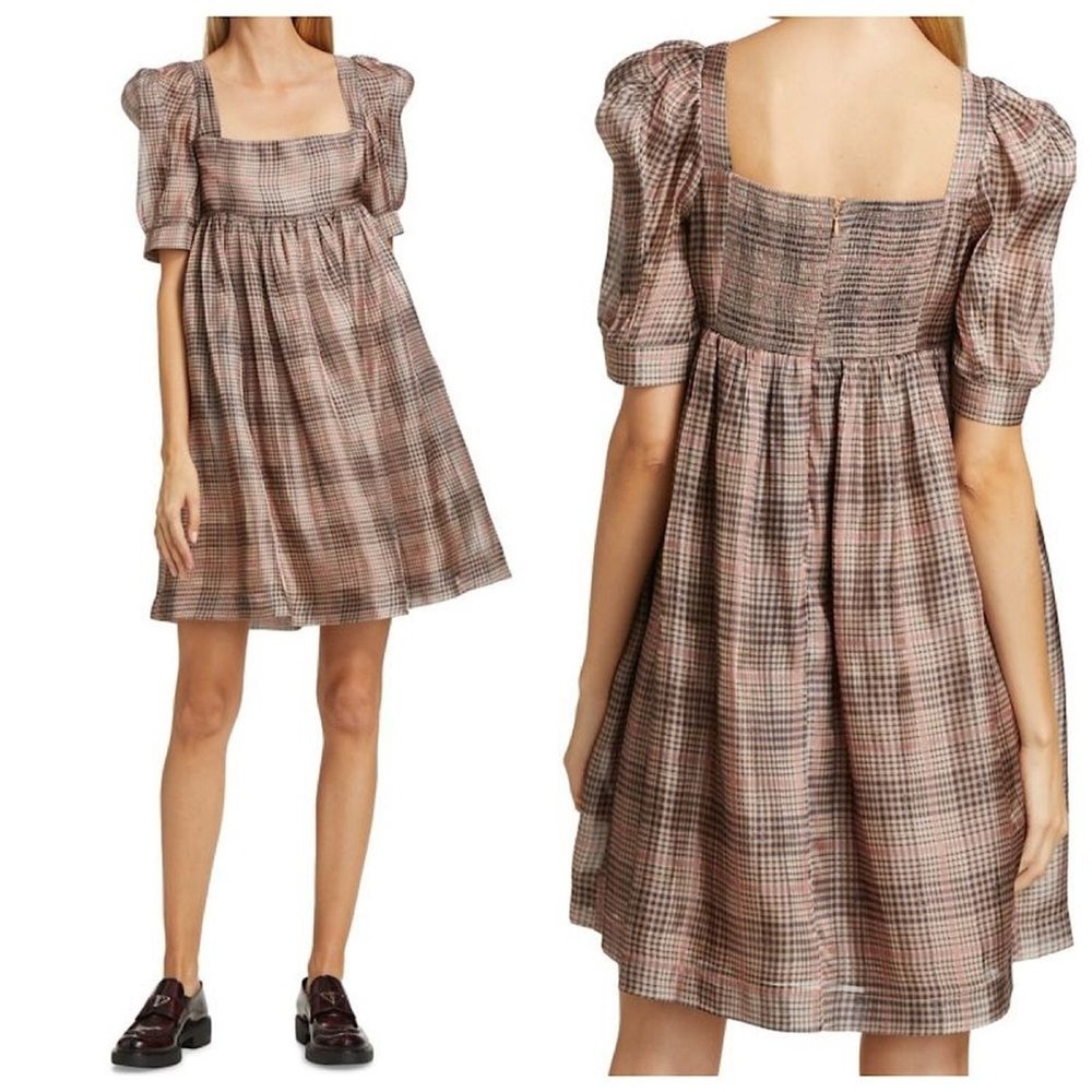 En Saison Organza Plaid Babydoll Mini Dress Sz L Multicolor Puffy Short Sleeve